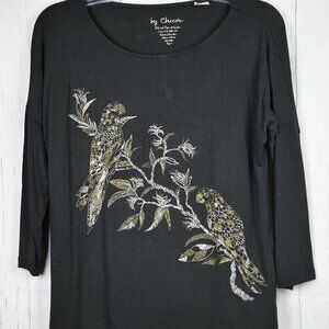 Zenergy by Chico's Embellished Birds Top 3/4 Sleeve Black Size 0
